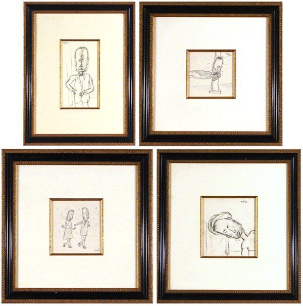 William Anthony (20th Century) American (four): WIND, 1987; COUPLE DANCING, 1988; AFTER DAVID, 1975, AFTER BECKMANN, 1986, four pencil drawings on paper, each signed and dated, 5 x 5", 5 ½ x 5", 6 ½ x 6", 8 ¾ x 5", all framed with glass. (4)