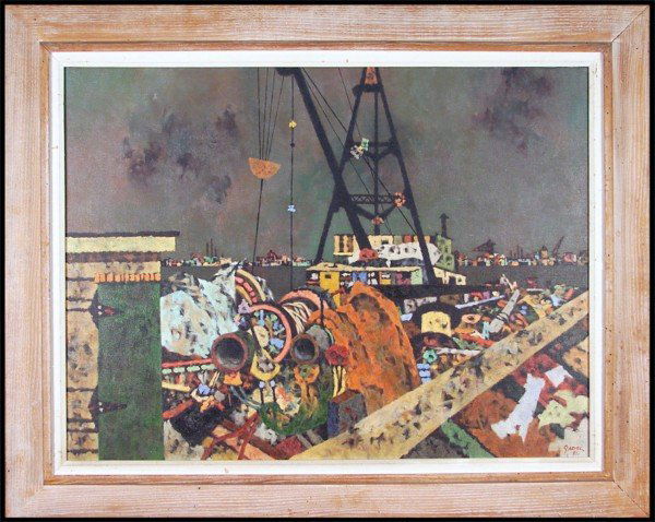 Sidney Gross (1921-1969) American: ON THE RIVER, 1951, oil painting on canvas, signed and dated lower right, 30 x 40 ½”, artist’s label on verso, framed, surface soiling, scuffs, impact dent upper left, otherwise in good condition