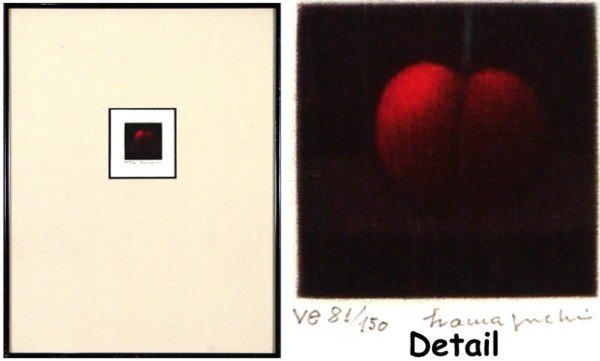 Yozo Hamaguchi (1909-2000) Japanese: CALIFORNIA CHERRY, 1987, color mezzotint, signed in pencil, from the numbered edition 150, image 1 ½ x 1 ½", full margins, framed.