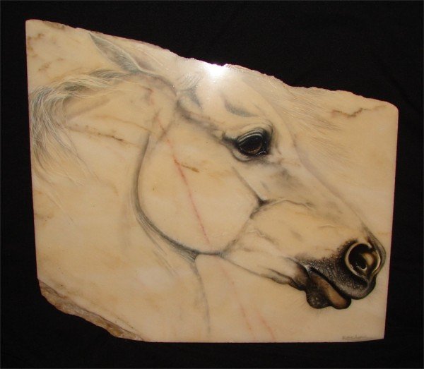 Gary Kaelon (-2002) American: ARABIAN HORSE, oil painting on marble, signed lower right, 19 ¾ x 22 x 1", with wood easel stand.