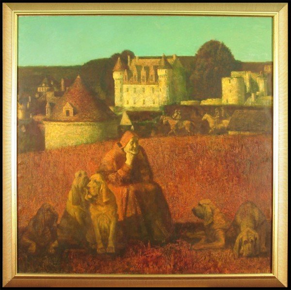 Michael Michailovsky (20th Century) Russian: MAN AND DOGS, 1997, oil painting on canvas, signed and dated on verso, 39 ½ x 39 ¼", framed, small nail hole left side center and bottom center, hairline cracking, tiny chip at the upper Castle roof