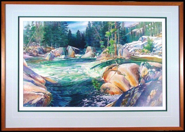 Dan Peterson (20th Century) Californian: SIERRA SUDS, watercolor on paper, signed lower right, sight 24 x 39 ¼", framed.