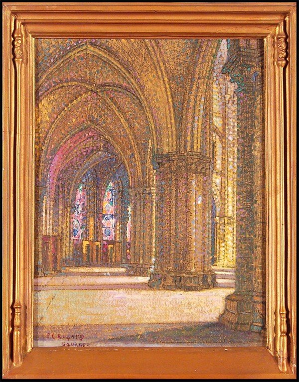 Pierre Gaston Rigand (1874-1949) French: THE AMBULATORY OF BOURGES CATHEDRAL, oil painting on board, signed lower left, 15 x 11 ¼", framed, three small scratches lower right and one lower center, otherwise in good condition.