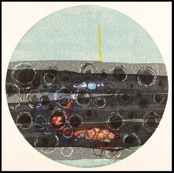 Rikio Takahashi (b. 1917) Japanese: WAIT. AGAIN, 1964, color woodblock print, signed in pencil, from the numbered edition 30, diameter 18 ¾", full margins, creases and soft creases in the margins, otherwise in good condition.