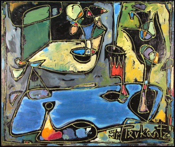 Ara Tevkantz (b. 1956) Armenian: STILL LIFE ON BLUE, oil painting on canvas, signed lower right, 32 x 38", faint surface soiling, otherwise in good condition.