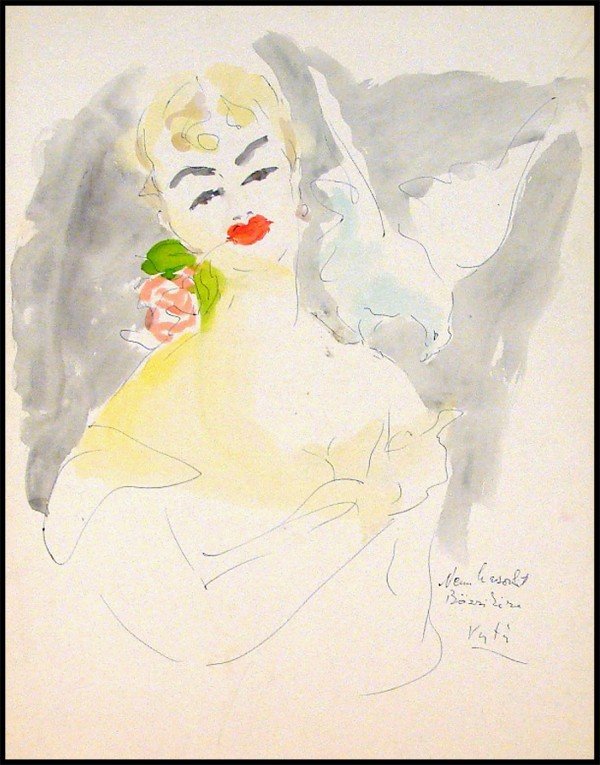 Marcel Vertes (1895-1961) French: WOMAN WITH ROSE AND DOVE, c.1930, watercolor on Brownie board, signed lower right, 30 x 20", some pale toning at edges, otherwise in good condition.