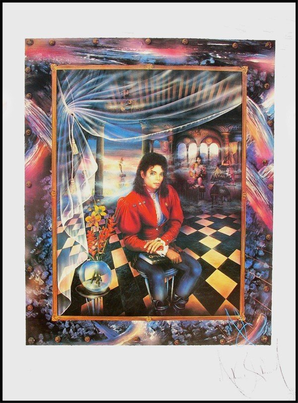 Brett Livingston Strong (b. 1953) Australia: MICHAEL JACKSON, color offset screenprint, collaged onto embossed white paper, signed by Strong & Jackson, also initialed in blue by Jackson, proof before the from the Japan Deluxe Edition of 125, she