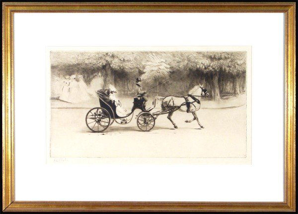 Edgar Chahine (1874-1947) French/ Armenian: LA VICTORIA, 1907, etching on Japan paper, signed in pencil, from the edition 50, plate 10 x 18 ¼", full margins, framed with glass, some small pale discoloration spots in margins, otherwise in good