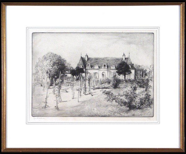 Edgar Chahine (1874-1947) French/ Armenian: BECHELLERIE MAISON, 1923, 2nd state, drypoint etching with chine appliqué, signed in pencil, from the numbered edition 50, image 8 ½ x 12 3/8", full margins, framed with glass, some faint discolorat