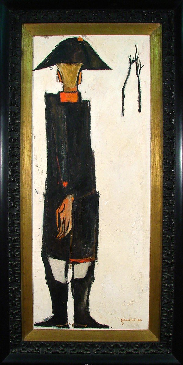 Guiseppe Gambino (1928-1997) Italian: NAPOLEON, 1960, oil painting on burlap, signed lower right, titled signed and dated on verso, 59 x 23 ½", framed, surface soiling, craqueleur, some losses in the background.