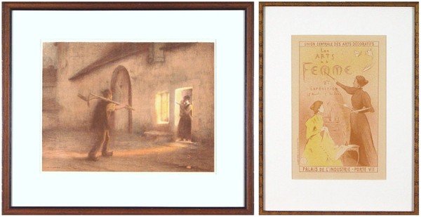 Jules-Alexis Muenier & Etienne Moreau-Nelaton (two: COMING HOME, lithograph, signature in design, image 10 ½ x 13 ¾", full margins; Etienne Moreau-Nelaton, EXPOSITION DES ARTS DE LA FEMME (A.58), plate 58, color lithograph from Les Maitre de L'Affich