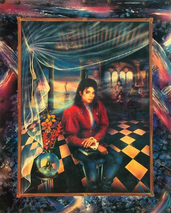 Brett Livingston Strong (b. 1953) Australia: THE BOOK, MICHAEL JACKSON, color screenprint and offset print, collaged onto embossed white paper, signed by Strong & Jackson, also initialed red by Strong and in blue by Jackson, proof before the fro