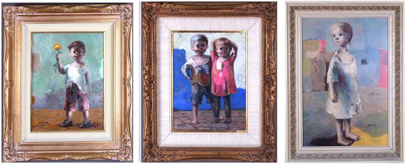 Jose Montanes (1918-1998) Spanish (three): BOY WITH FLOWER; AMORE, two oil paintings on Masonite, each signed lower left and with copyright stamps on verso, the second titled center left, each 16 x 12”, frames 24 ¾ x 20 ¾ x 3&#