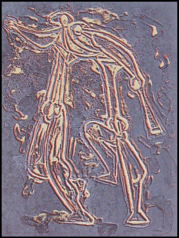 Hans Burkhardt (1904-1994) Swiss: UNTITLED, 1978, color linocut, signed in pencil, from the numbered edition 6, image 23 ¾ x 18", full margins, artist's blindstamp, small stains in the lower margin center, otherwise in good condition