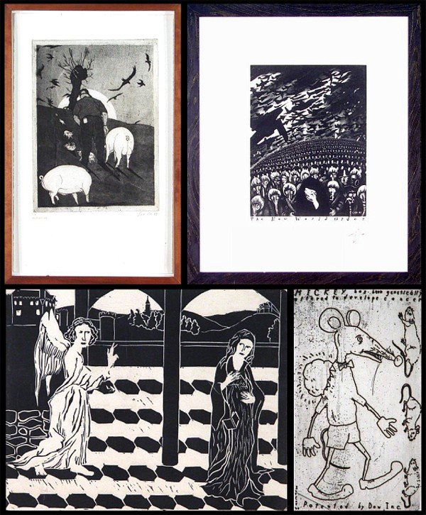 Sue Coe & Hiliary North (four): PORKPOLIS, 1989; etching, signed in pencil and numbered 18, plate 12 ½ x 9", full margins; THE NEW WORLD ORDER, 1991, etching, signed in pencil, plate 13 ¾ x 10 ½", full margins; MICKEY HAS BEEN GE