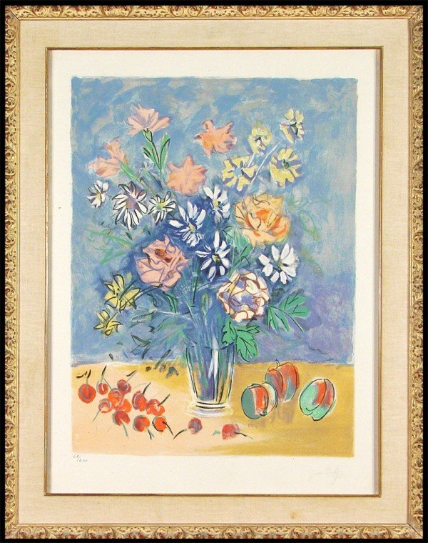 Jean Dufy (1888-1964) French: STILL LIFE WITH FLOWERS, color lithograph, signed in pencil, from the numbered edition 200, image 20 x 15", full margins, framed with glass, some discoloration mainly in the margins, otherwise in good