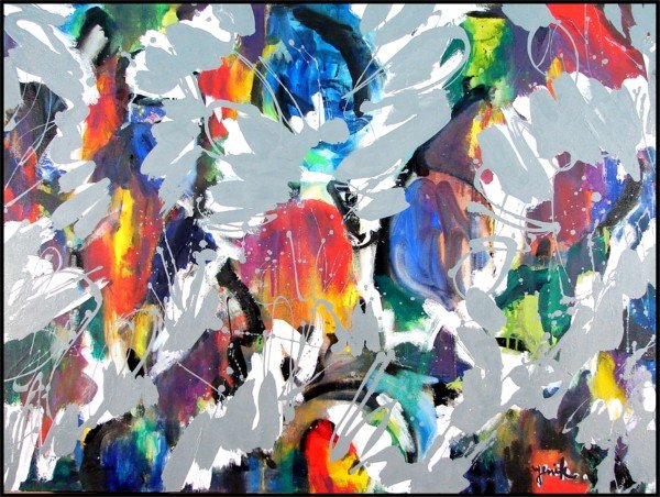 Jenik (20th Century) Armenian: GRAY OVER BLUE, WHITE, BLACK, RED, 2008, acrylic painting on canvas, signed lower right, 36 x 48".