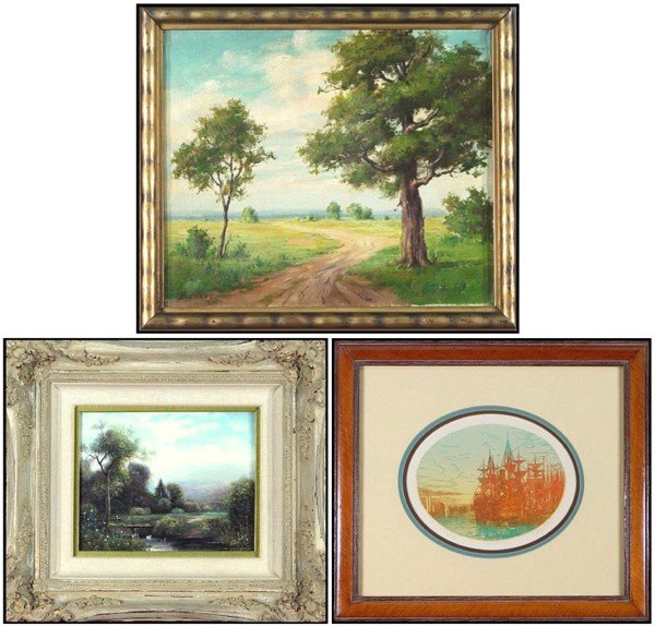 Landscapes (20th Century) (three): COUNTRY ROAD, c.1920, oil painting on canvas, signed "Baakes?" lower left, 12 ½ x 14 ½", surface soiling, scratch lower right' Together with M. King & Dreman, COUNTRY SCENE, oil painting on wood pan
