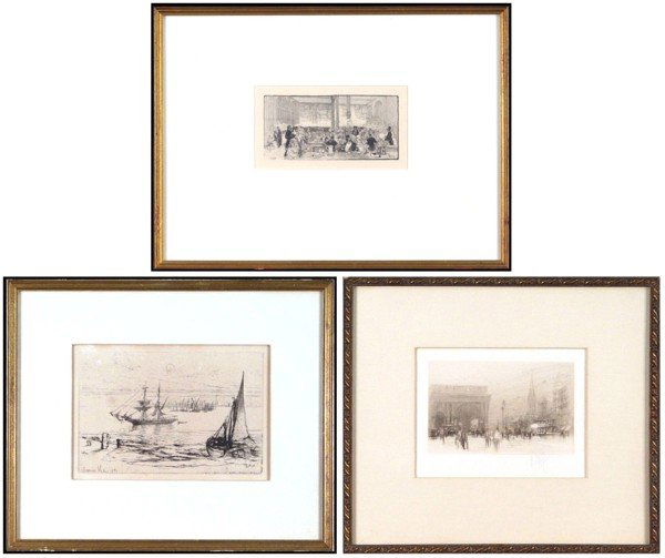 Auguste-Louis Lepere, Seymour Hayden, William Walc: INAUGURATION, 1885, engraving, initialed in plate, image 2 ¾ x 6"; Together with Seymour Hayden HARBOUR SCENE, etching, signed and dated in the plate, image 5 ½ x 8 1/8", some discoloration and mott