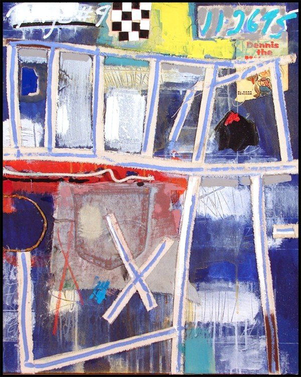 David Smyth (b. 1943) American: UNTITLED, 1996, acrylic and fabric and paper collage on canvas, signed and dated top edge, 30 x 23 ½".