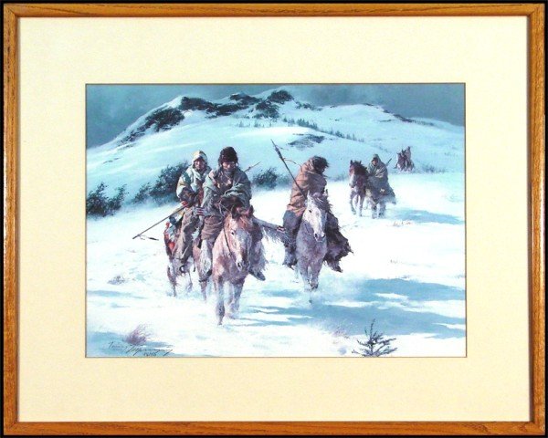 Howard A. Terpning (b. 1927) American: WINTER HUNTING PARTY, 1973, color offset lithograph, signed in pencil, from the numbered edition 975, sight 14 x 19 ½", framed with glass, faded, otherwise in apparently good condition.