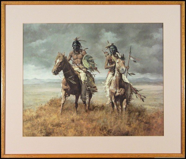 Howard A. Terpning (b. 1927) American: TWO HUNTERS, 1979, color offset lithograph, signed in pencil, from the numbered edition 1000, sight 21 ¼ x 26 ¼", framed with glass, faded, otherwise in apparently good condition.