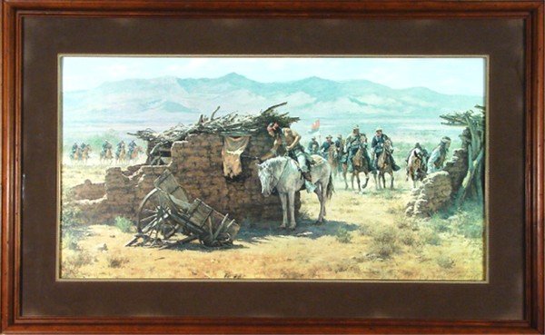 Howard A. Terpning (b. 1927) American: CALVARY, 1981, color offset lithograph, signed in pencil, from the numbered edition 1000, sight 16 ¼ x 31 ¼", framed with glass.
