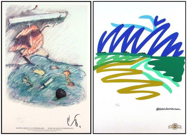 Tom Wesselmann & Claes Oldenburg (two): LANDSCAPE, 1993, color screenprint poster, signature in design, from the numbered edition 100, crease upper left corner; Together with Claes Oldenburg, UNTITLED, color poster, from the numbered editio