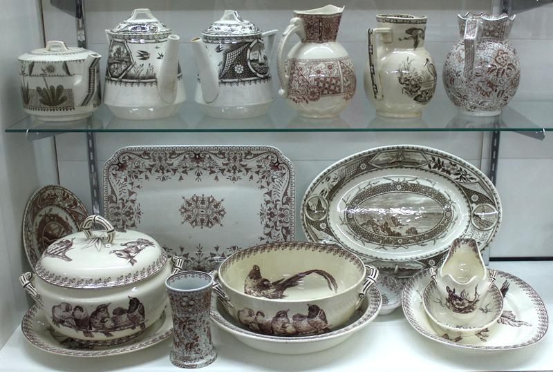 Buffon & Tunstal English Bone China (thirty): Buffon and Tunstall Phileau and Cavendish brown transferware, square, oval and round platters, round and lidded bowls, coffee pots and water pitchers, vase, dish, etc. NOTE: consignor found 13 more it