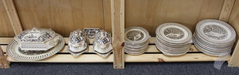 Rare English Bone China (fifty-two): Circa 1850, porcelain dinnerware with gilding, each with a crown impression and registration mark and inscribed Canterbury underneath, including dinner, salad and dessert plates, a platter, tureen, sa