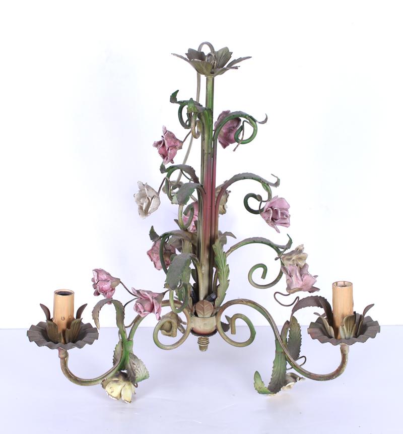 Decorative Arts: Floral Tole Chandelier (Early 20th (1 of 2)