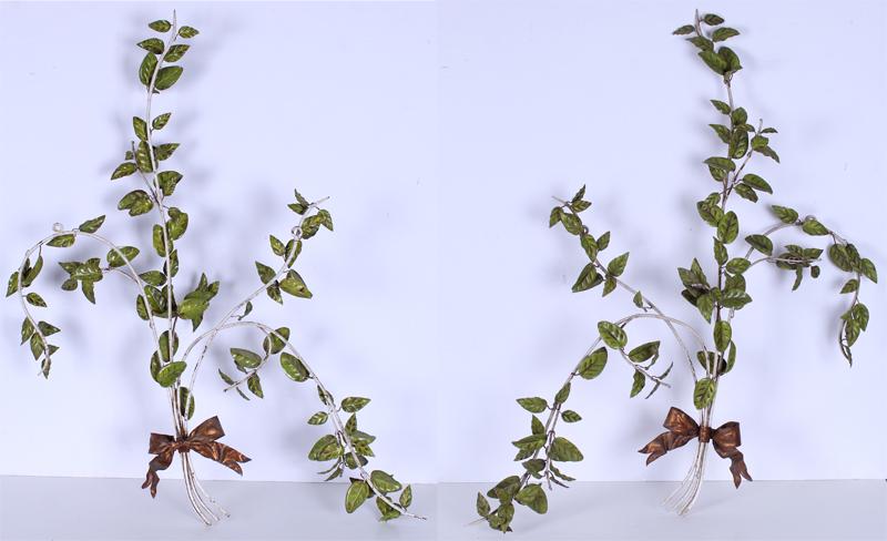Decorative Italian Toles (mid-century) (two): A pair of Italian polychrome metal wall ornaments, each approximately 38 ½” tall and 29” wide. (2)