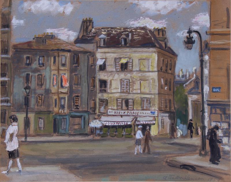 Carl Falbe-Hansen (1896-1969) Denmark: PARIS STREET SCENE, 1958, gouache on paper, signed lower right, 11 x 14”, frame 15 x 18” with glass.