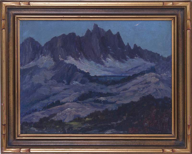 Grace Gramer (20th Century) American: SIERRA LANDSCAPE AT NIGHT, oil painting on board, signed lower left, 12 x 16”, frame 15 ½ x 19 ½”.