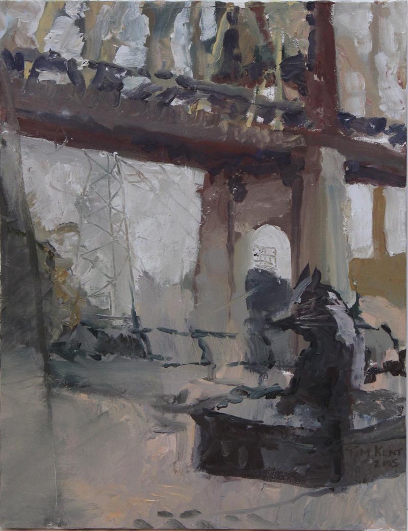 Tim Kent (20th Century): UNDER THE BRIDGE, 2005, acrylic painting on canvas, signed and dated lower right, 18 x 14”.