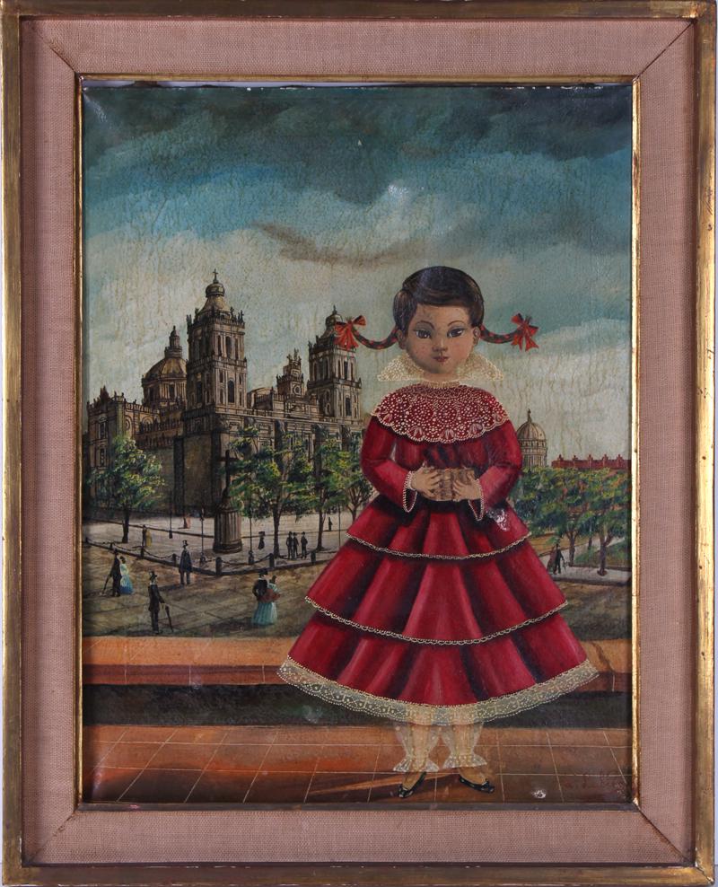 Agapito Labios (1898-1996) Mexico: NINA EN CATEDRAL, oil painting on canvas, signed lower right, typed titled label on verso, 23 ¾ x 18 ¼”, frame 28 ½ x 23”.