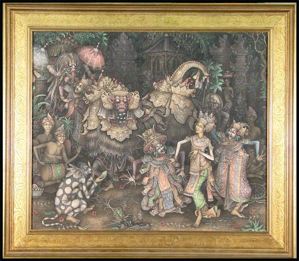 Balinese School (mid 20th Century): DANCERS WITH CREATURE, highly detailed ink painting on canvas, signed "Imd Antara, Ubud" lower right, right 19 ½ x 23", framed.