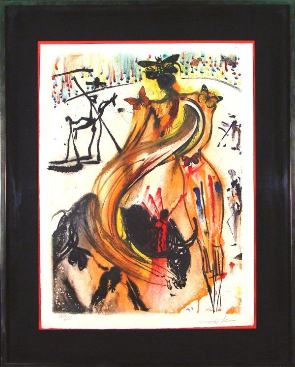 attributed Salvador Dali (1904-1989) Spanish: BULL FIGHTER (M.1558), color lithograph on Japan paper, signed in pencil, from the numbered edition 250, sheet 30 x 22 ½", full margins, framed with glass, paper some surface rubbing at perimeter, ot