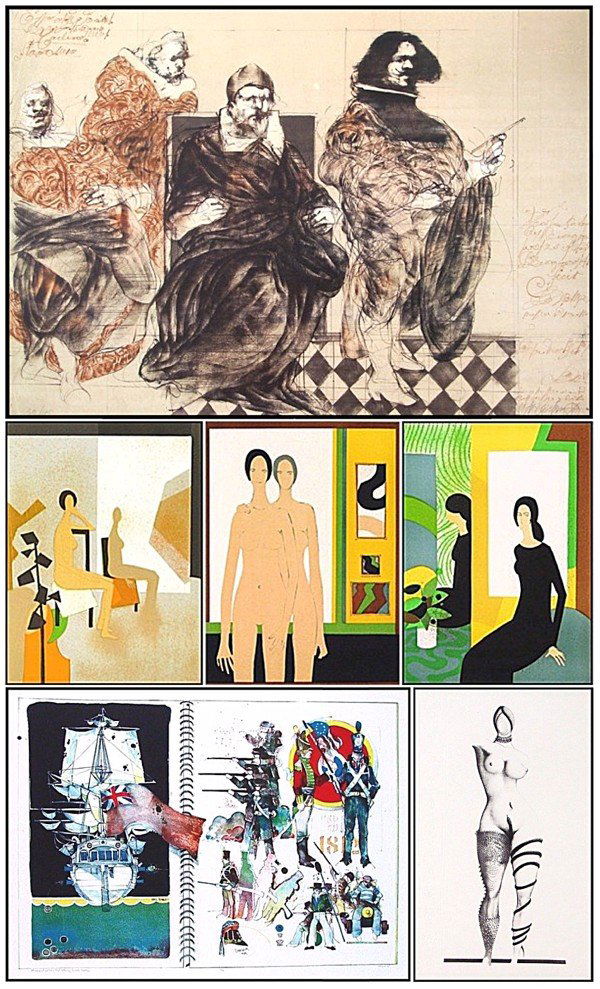 Figurative print collection (fourteen): Claude Weisbuch, RENAISSANCE JUDGES, color lithograph, signed in pencil, from the numbered edition 175, sheet 30 x 22"; Together with Andre Minaux, VARIOUS, a collection of five color lithographs, eac