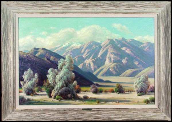 Paul Grimm (1892-1974) Californian: SMOKE TREES 'NEATH SAN GORGONIO, 1963, oil painting on canvas, signed lower right, titled signed and dated on verso, 26 x 40", framed.