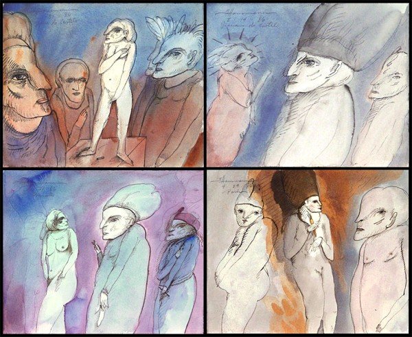 Gary Hansmann (20th Century) American (four): VARIOUS, four watercolor and ink drawings on paper, each signed and inscribed, sizes average 9 ¼ x 11 ¼". (4)