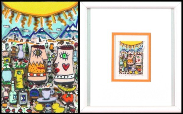 James Rizzi (b. 1950) American: LET'S DO LUNCH, 1981, die-cut color lithograph collage, signed in pencil, from the numbered edition 175, image 3 ¼ x 2 ¼", full margins, framed with glass.