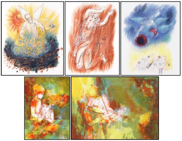 Ruvin Rubin & Johnnie Valadie (five): JEREMIAH; JOEL; EZEIKIEL from Prophets, 1972, three color lithographs, all titled in pencil on verso, sheets 26 x 20", all printed by Transworld Art; Together with Johnnie Valadie, TWO GIRLS; THE VIOL