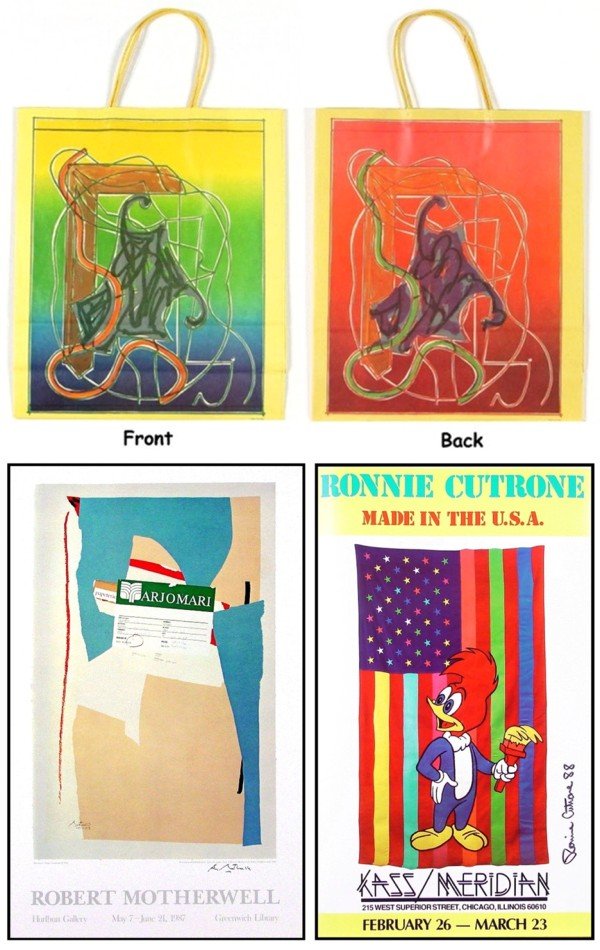 after Frank Stella, Robert Motherwell & Ronnie Cut: SHOPPING BAG, 1984, double-sided color lithograph on shopping bag, 17" tall, 16" wide; Together with Robert Motherwell, ROBERT MOTHERWELL, HURLBUTT GALLERY, 1987, color poster, signed in ink, 28 x 19"