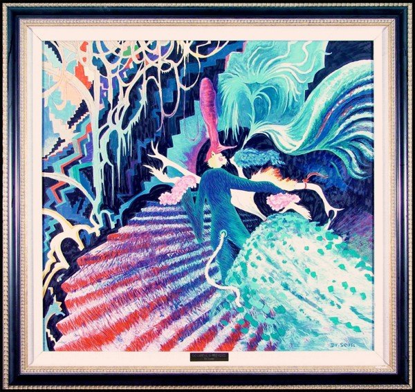 Dr. Suess aka Theodore Seuss Geisel (1904-1991) Am: CAT CARNIVAL IN WEST VENICE, 1995, color screenprint on canvas, with authorized printed signature, from the edition Roman numeral 99, canvas 29 x 31", printed by Chameleon Editions, copyright stamp on