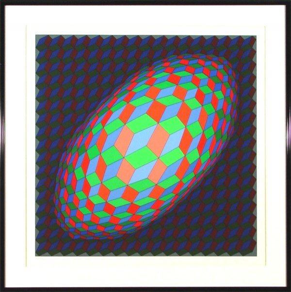 Victor Vasarely (1908-1997) Hungarian: OMEGA V, color screenprint, signed in pencil, from the numbered edition 250, image 24 ¼ x 24 ¼", full margins, framed with glass, faint toning in margins at the mat, otherwise in good condition.