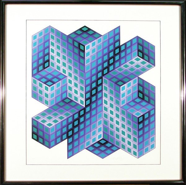 Victor Vasarely (1908-1997) Hungarian: BLUE / LAVENDAR SQUARES, color screenprint, signed in pencil, from the numbered edition 250, sight 29 x 27", framed, small crescent moon crease with associated cracking of ink lower center, 3" scuff w