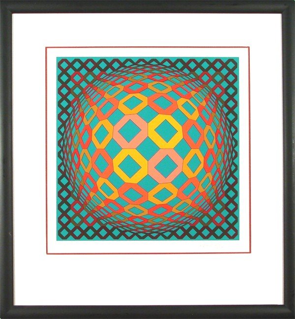 Victor Vasarely (1908-1997) Hungarian: OKTA-SARGA, color screenprint, signed in pencil, from the numbered edition 250, image 20 x 20", full margins, framed with glass.