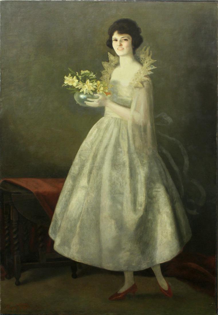 Artist Olive Bigelow Tilton (1886-1980) New York: AN ELEGANT LADY, oil painting on uneven canvas relined to black Foamcore, signed lower left, Foamcore approximately 72 x 48Â”, F. N. Mor** Art Dealer, Oakland partial label on verso.