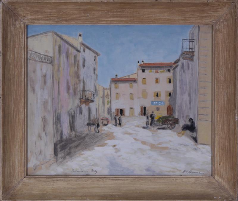 Frank Simon Hermann (1866-1942) New Jersey: MALCESINE, ITALY, gouache and watercolor and pencil on paper, signed lower right, titled lower left, 14 ½ x 18”, frame 19 x 22” with glass.